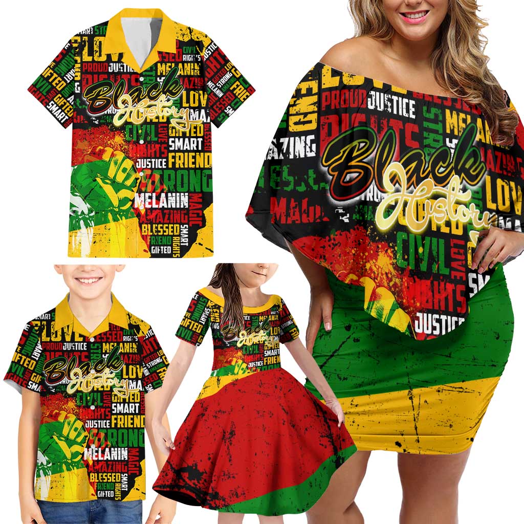 Black History Month Family Matching Off Shoulder Short Dress and Hawaiian Shirt Strength Love and Justice Typography