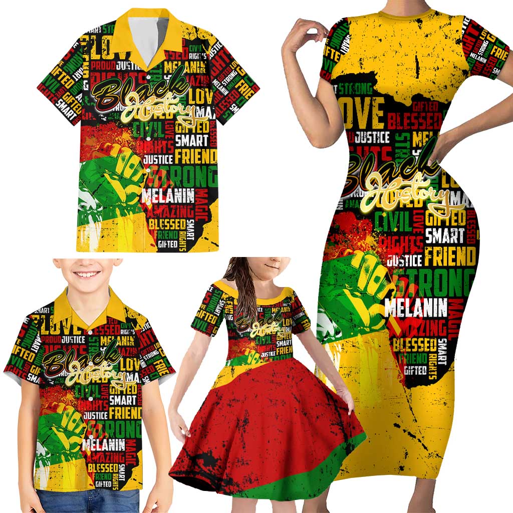 Black History Month Family Matching Short Sleeve Bodycon Dress and Hawaiian Shirt Strength Love and Justice Typography