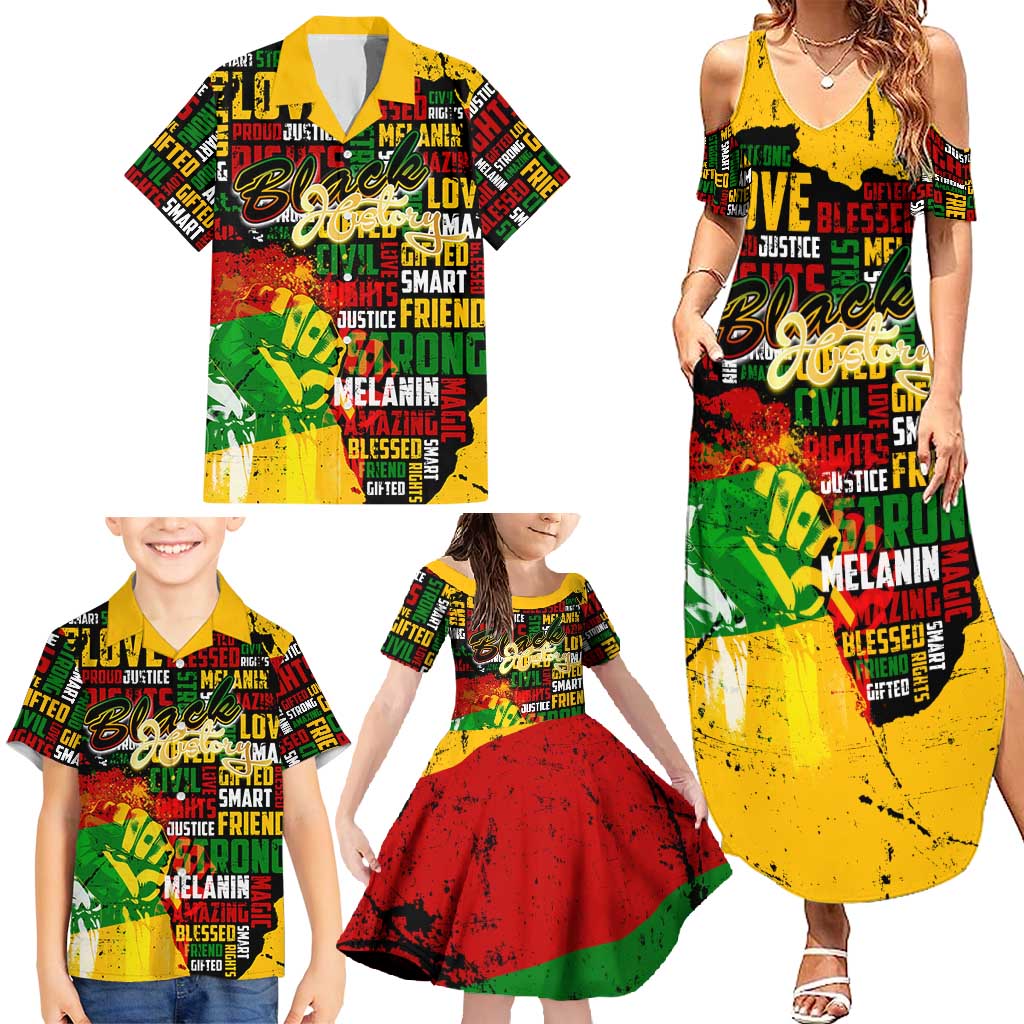 Black History Month Family Matching Summer Maxi Dress and Hawaiian Shirt Strength Love and Justice Typography