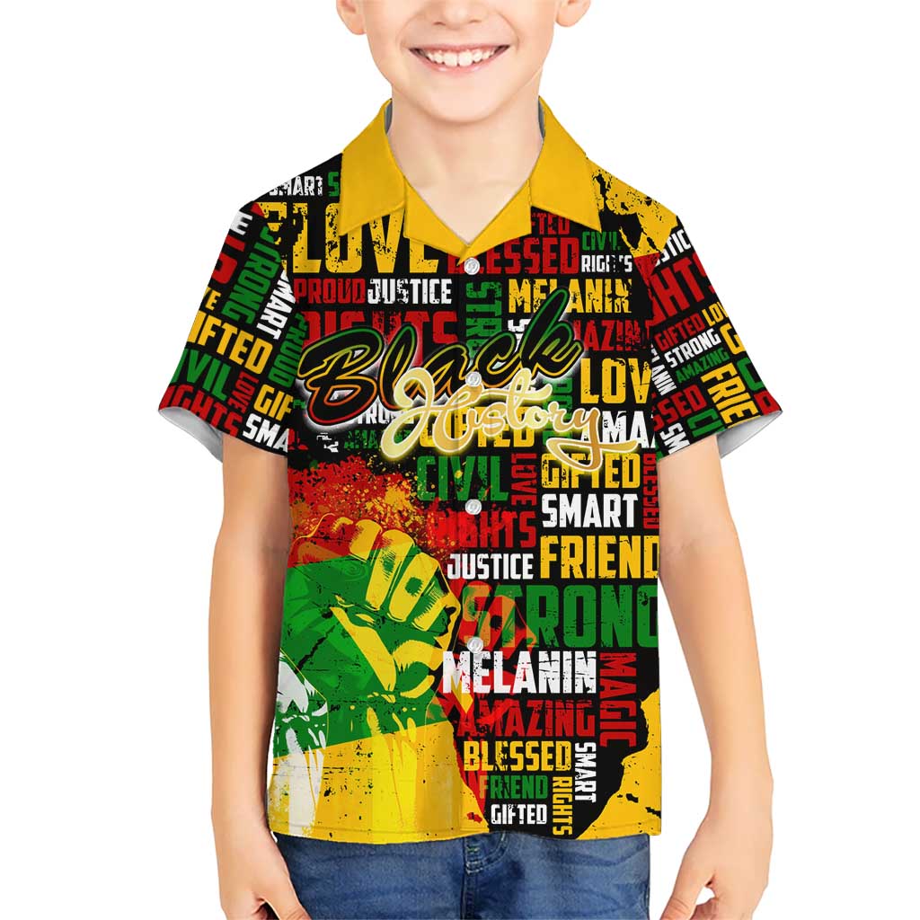 Black History Month Kid Hawaiian Shirt Strength Love and Justice Typography