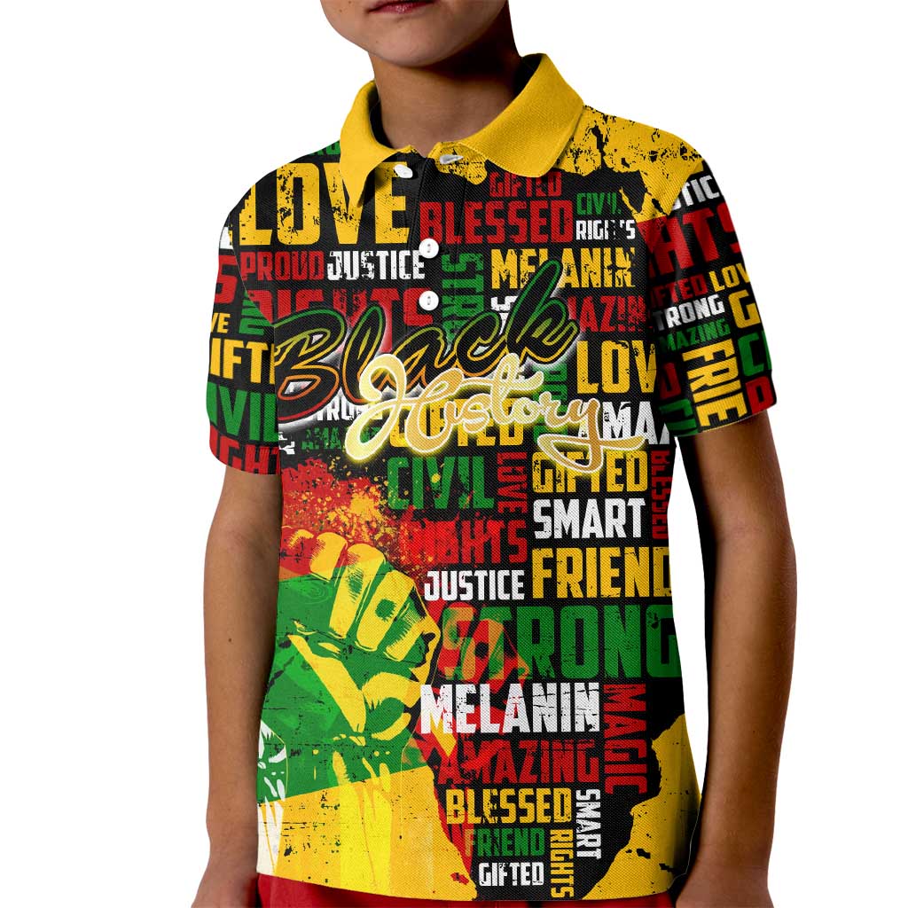 Black History Month Kid Polo Shirt Strength Love and Justice Typography