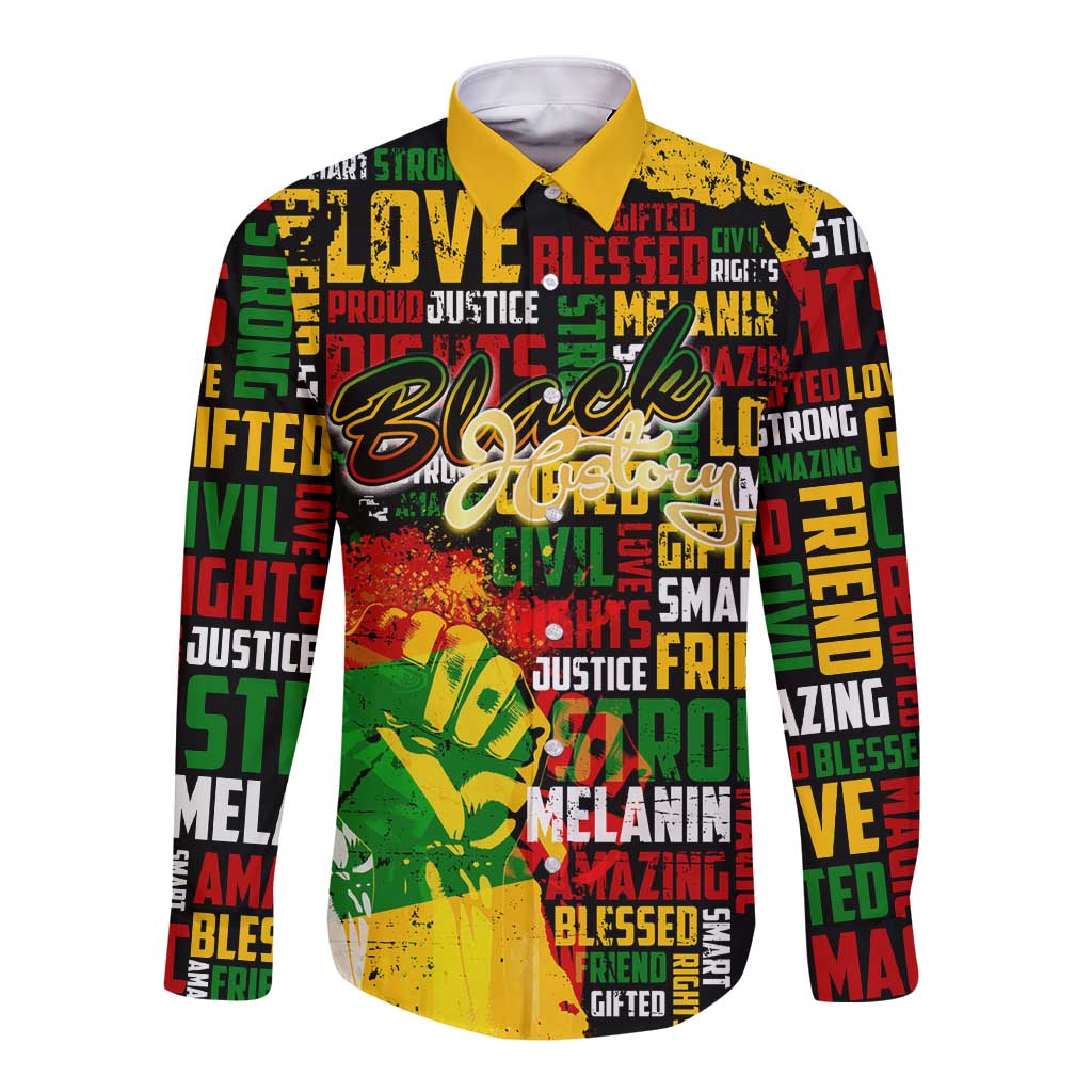 Black History Month Long Sleeve Button Shirt Strength Love and Justice Typography