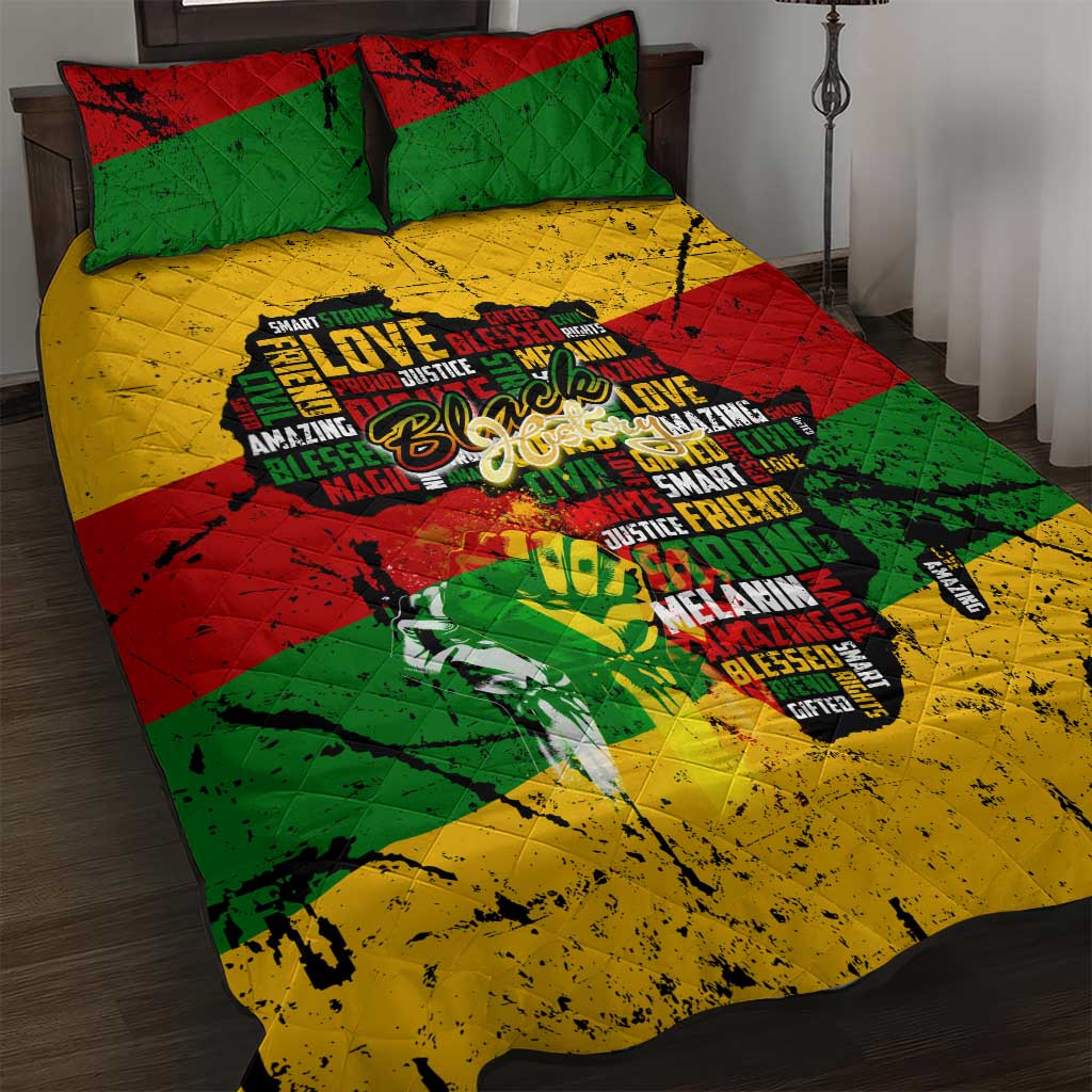 Black History Month Quilt Bed Set Strength Love and Justice Typography