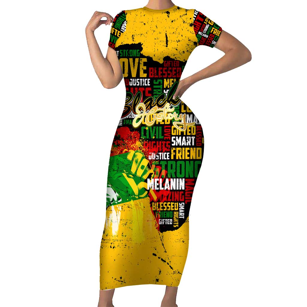 Black History Month Short Sleeve Bodycon Dress Strength Love and Justice Typography