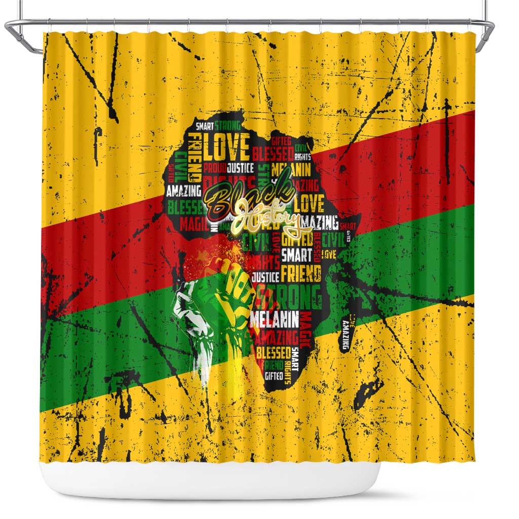 Black History Month Shower Curtain Strength Love and Justice Typography