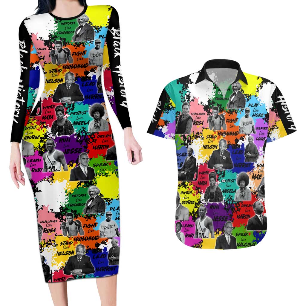 Black History Month Couples Matching Long Sleeve Bodycon Dress and Hawaiian Shirt African American Paint Splashes