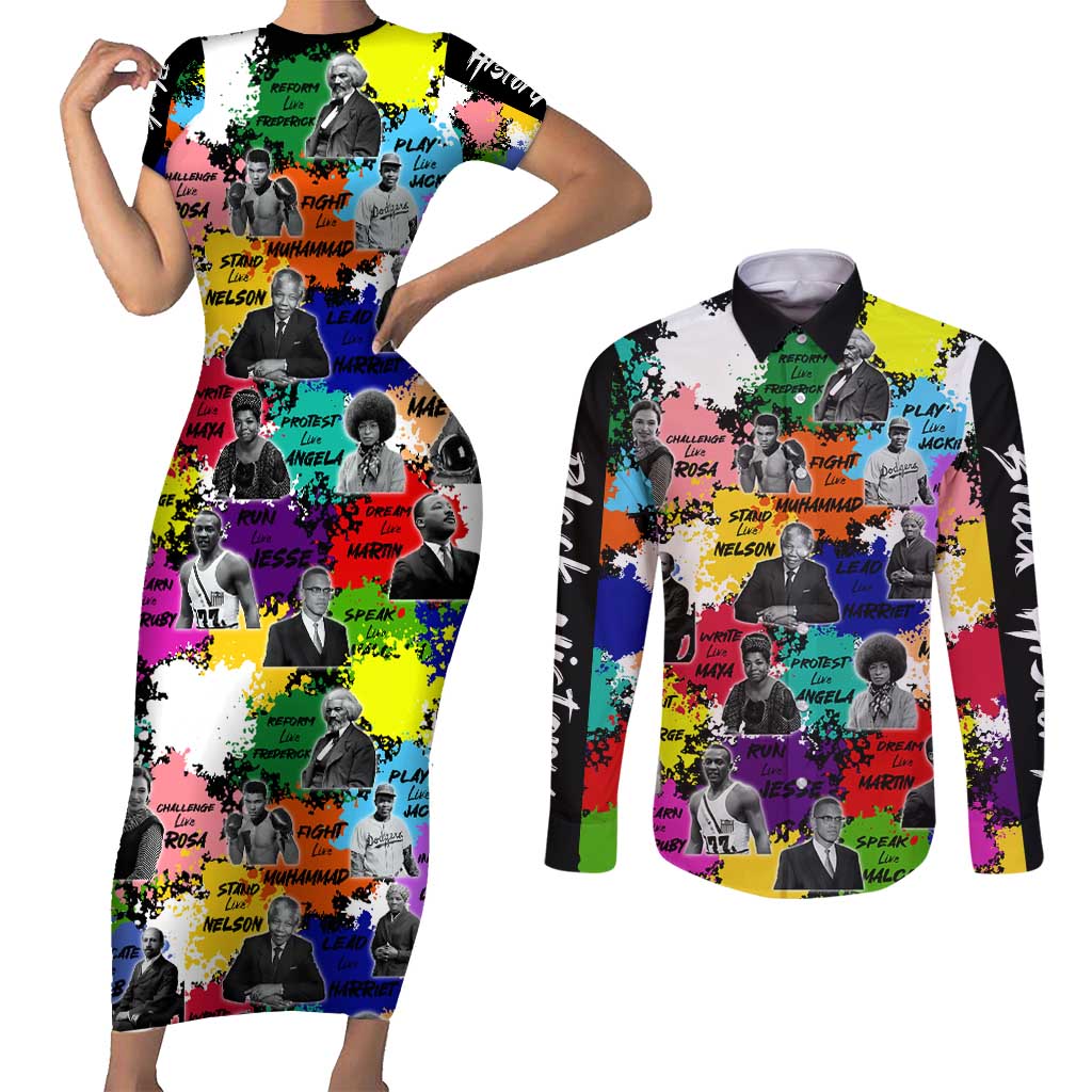 Black History Month Couples Matching Short Sleeve Bodycon Dress and Long Sleeve Button Shirt African American Paint Splashes