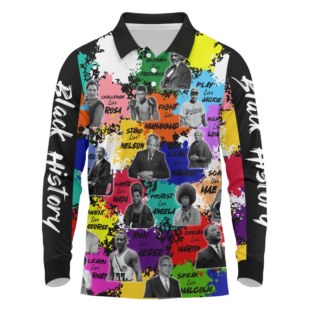 Black History Month Long Sleeve Polo Shirt African American Paint Splashes