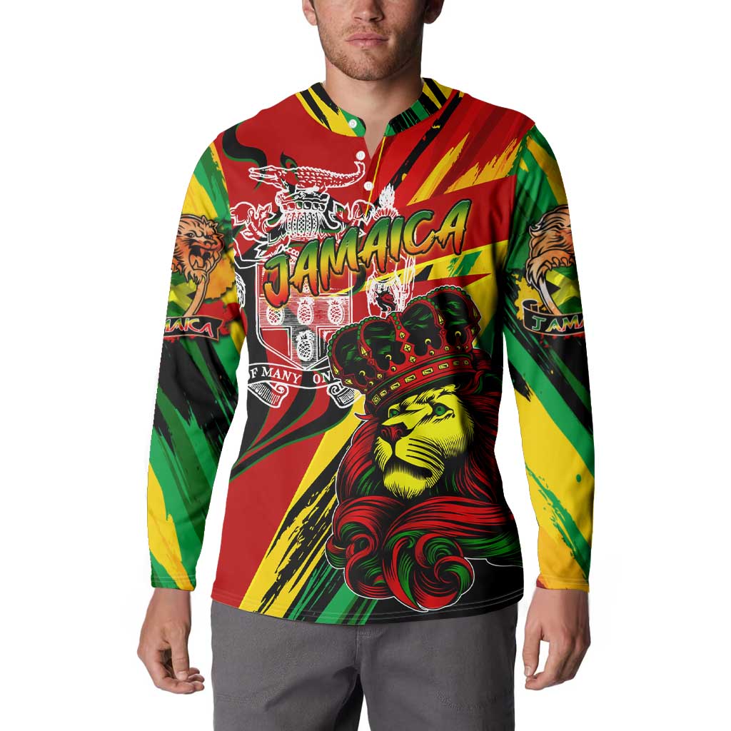 Jamaica graphic sweatshirt on model, lion and Jamaica lettering crest, long sleeves
