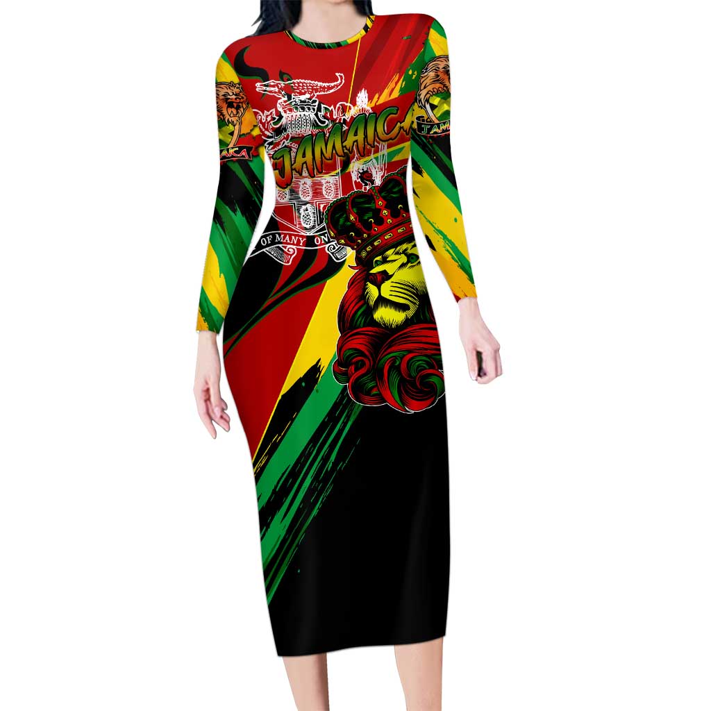 Jamaica Lion Long Sleeve Bodycon Dress Coat Of Arms Rastafarianism