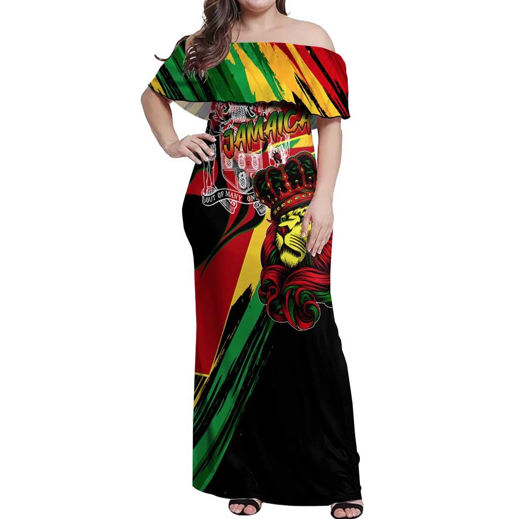 Jamaica Lion Off Shoulder Maxi Dress Coat Of Arms Rastafarianism