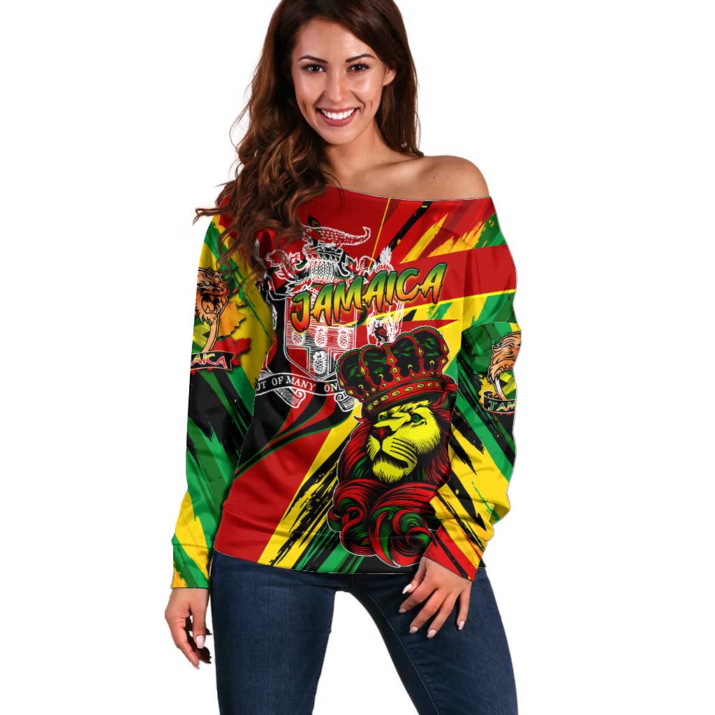 Jamaica Lion Off Shoulder Sweater Coat Of Arms Rastafarianism