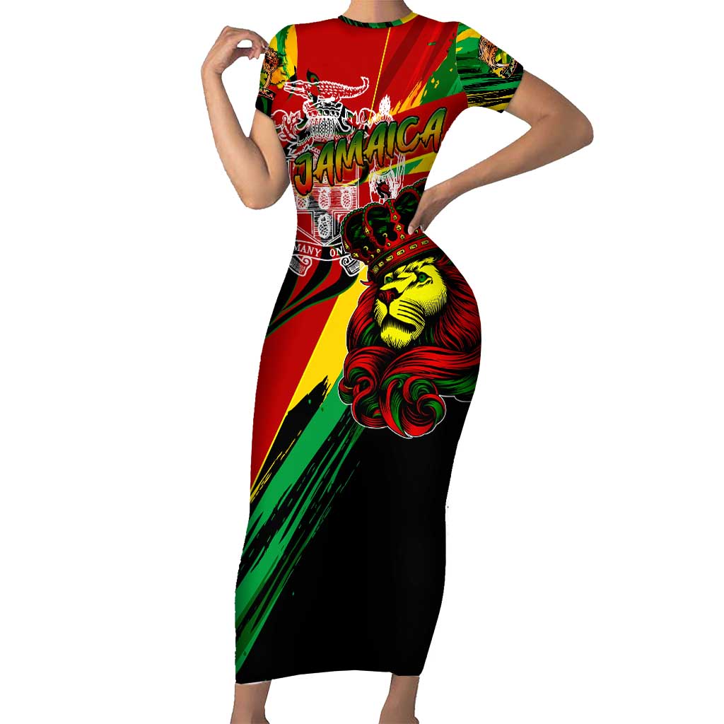 Jamaica Lion Short Sleeve Bodycon Dress Coat Of Arms Rastafarianism