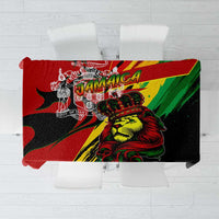 Rectangular tablecloth with red, black, and green Jamaica lion crest graphic