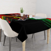 Rectangular tablecloth with black base and red-green stripe accents, lion crest print