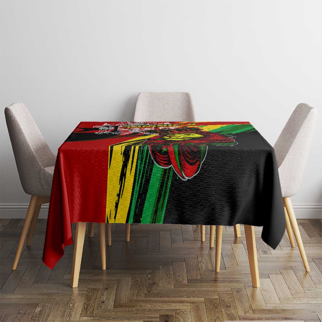 Jamaica lion crest tablecloth with red border, green stripes, and black center
