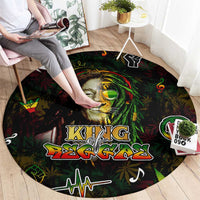 Round carpet with reggae king portrait graphic on dark background, green and yellow highlights