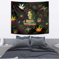 Reggae tapestry featuring portrait, peace symbols, musical notes, and colorful leaf motifs