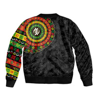Black unisex bomber jacket with multicolor Adinkra emblem on back and textured icon pattern