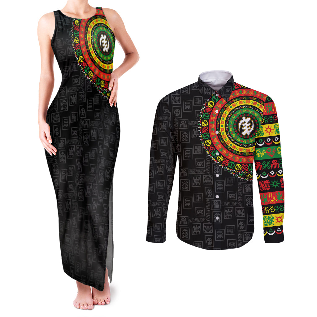 Adinkra Symbols Couples Matching Tank Maxi Dress and Long Sleeve Button Shirts African Culture - Wonder Print Shop