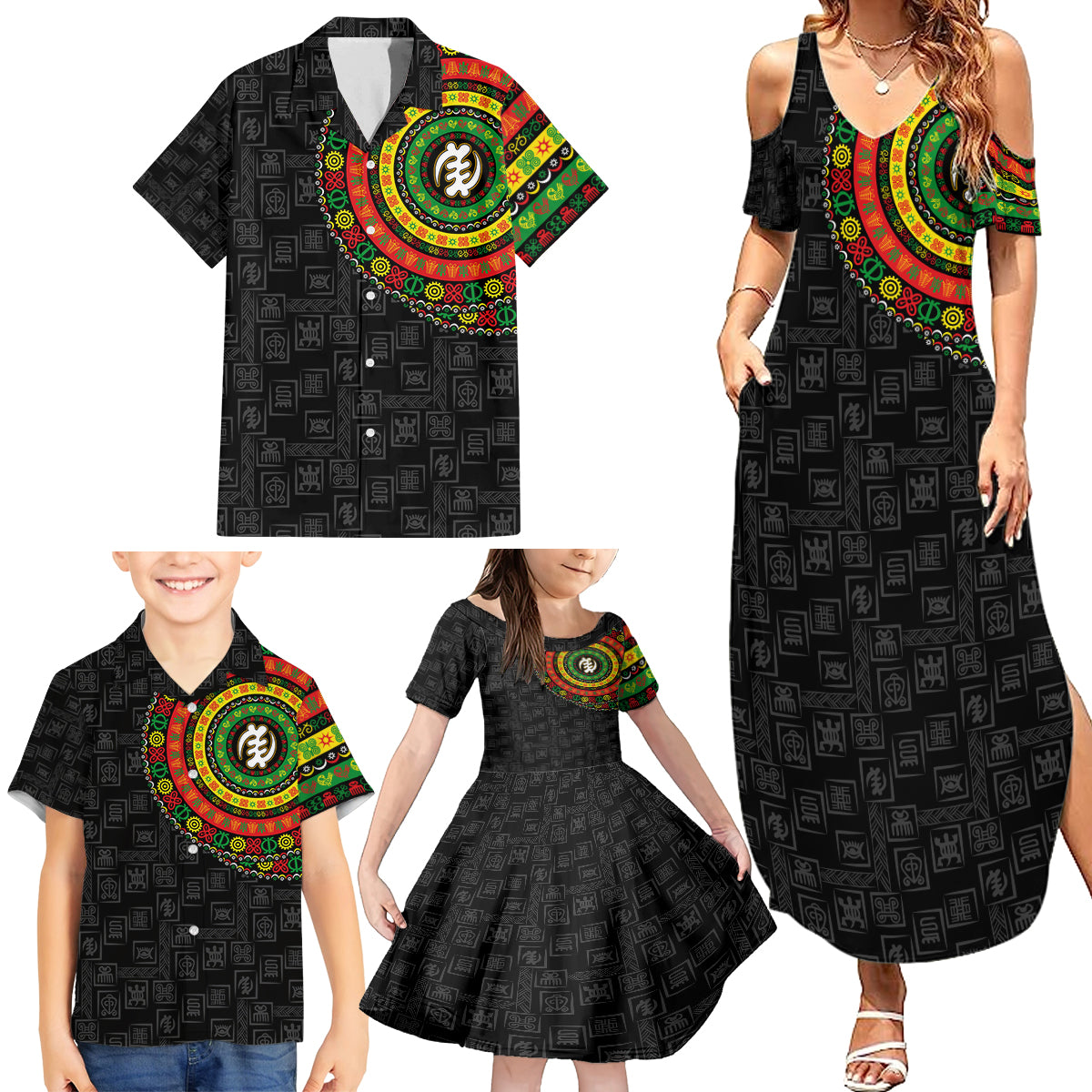 Adinkra Symbols Family Matching Summer Maxi Dress and Hawaiian Shirt African Culture - Wonder Print Shop