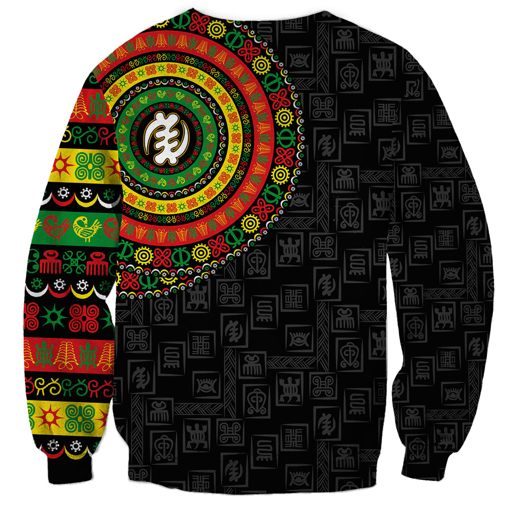 Black unisex sweatshirt with dense adinkra pattern and colorful round emblem center