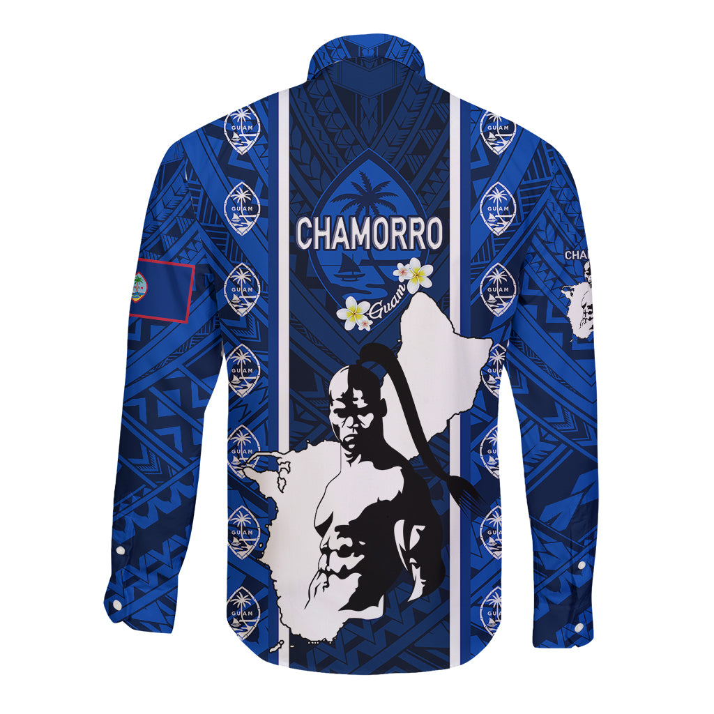 Blue long-sleeve button shirt with Chamorro text, palm accents, and tribal pattern