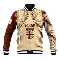 Beige baseball jacket with dark tapa pattern, striped ribbed collar and button front