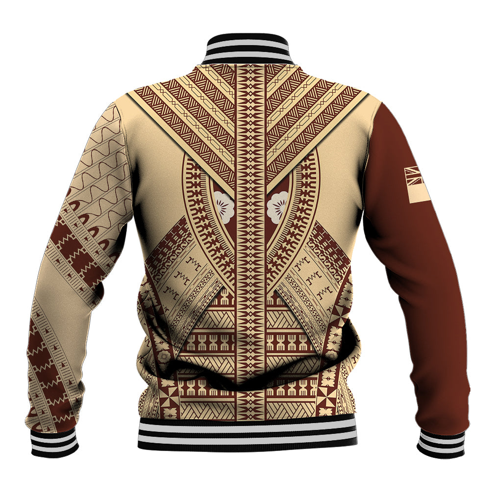 Back of beige baseball jacket with brown tapa pattern, ribbed striped cuffs and hem