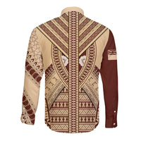 Beige long-sleeve button-up shirt with maroon tapa pattern on back
