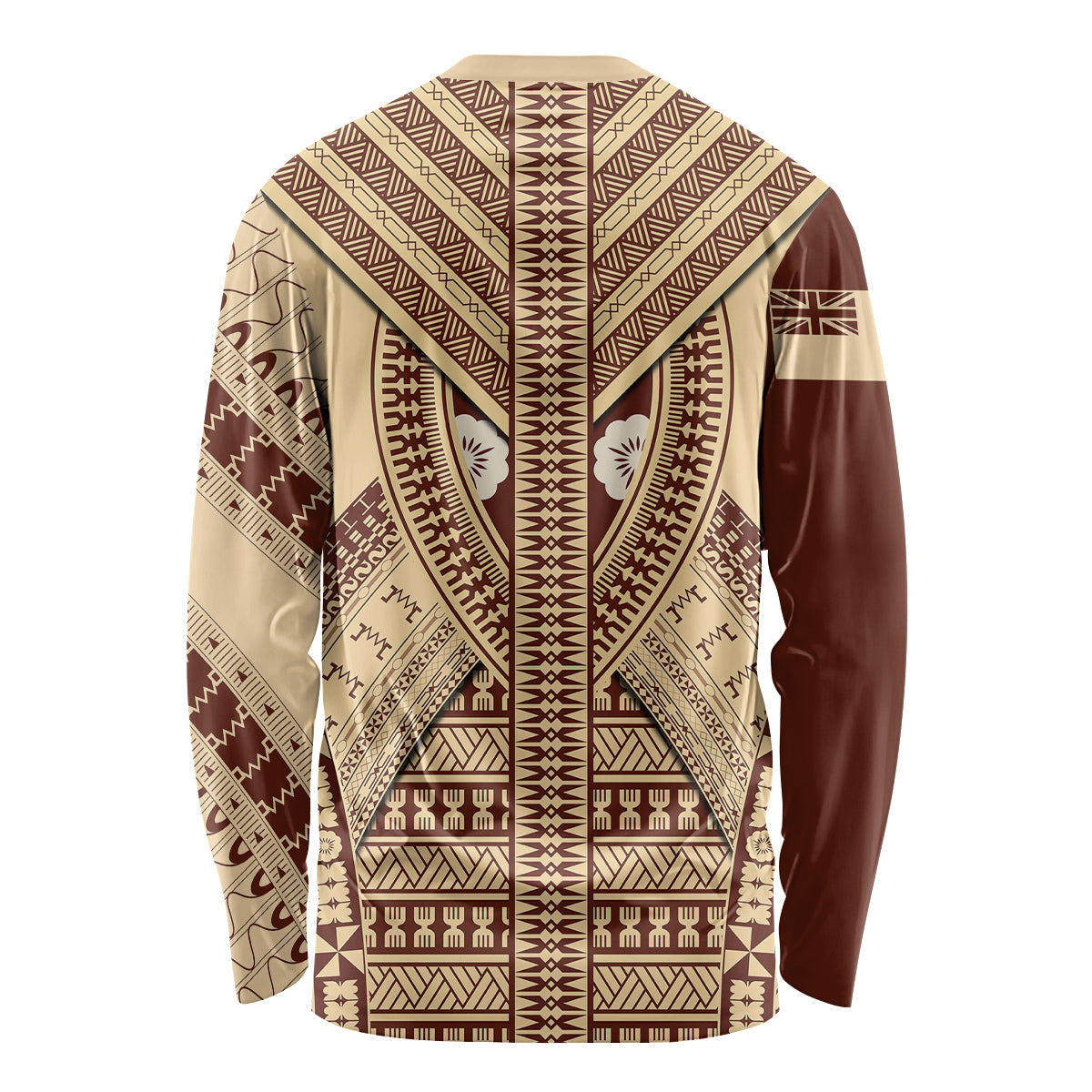 Beige long-sleeve shirt back with brown tapa pattern and geometric motifs