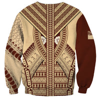 Beige unisex sweatshirt back with maroon and beige tapa-pattern geometric design