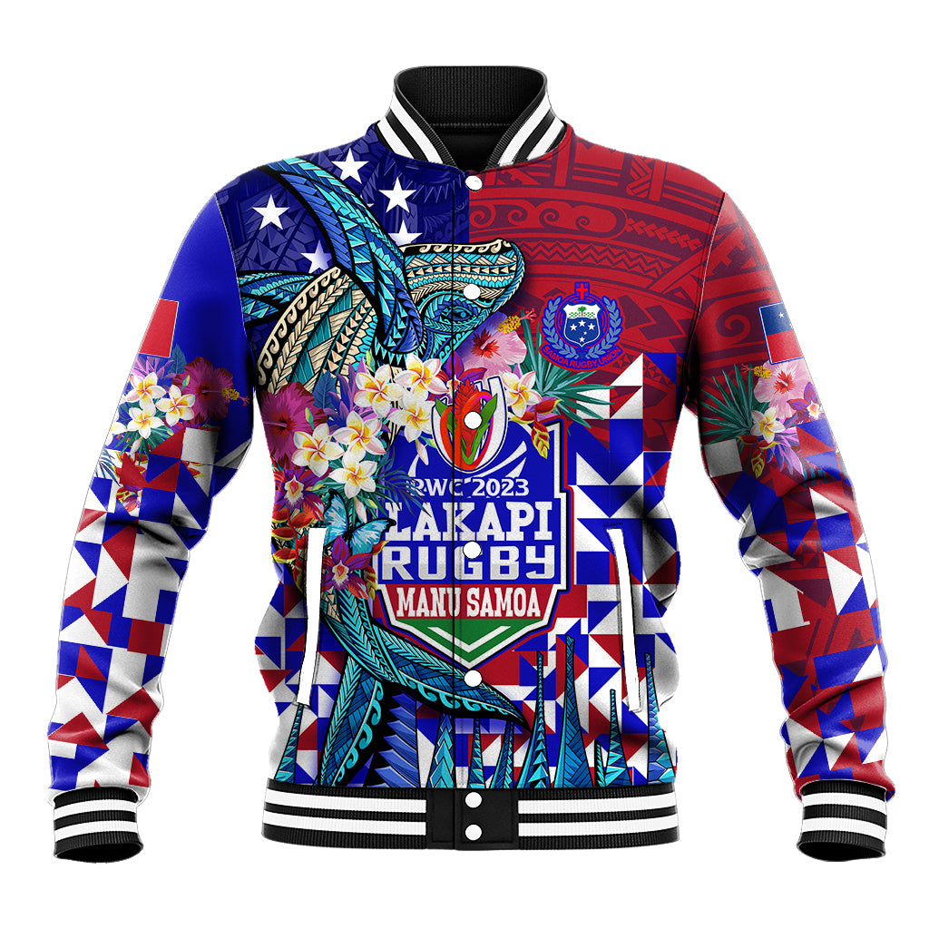 Blue red varsity-style baseball jacket with floral tribal graphics and snap front