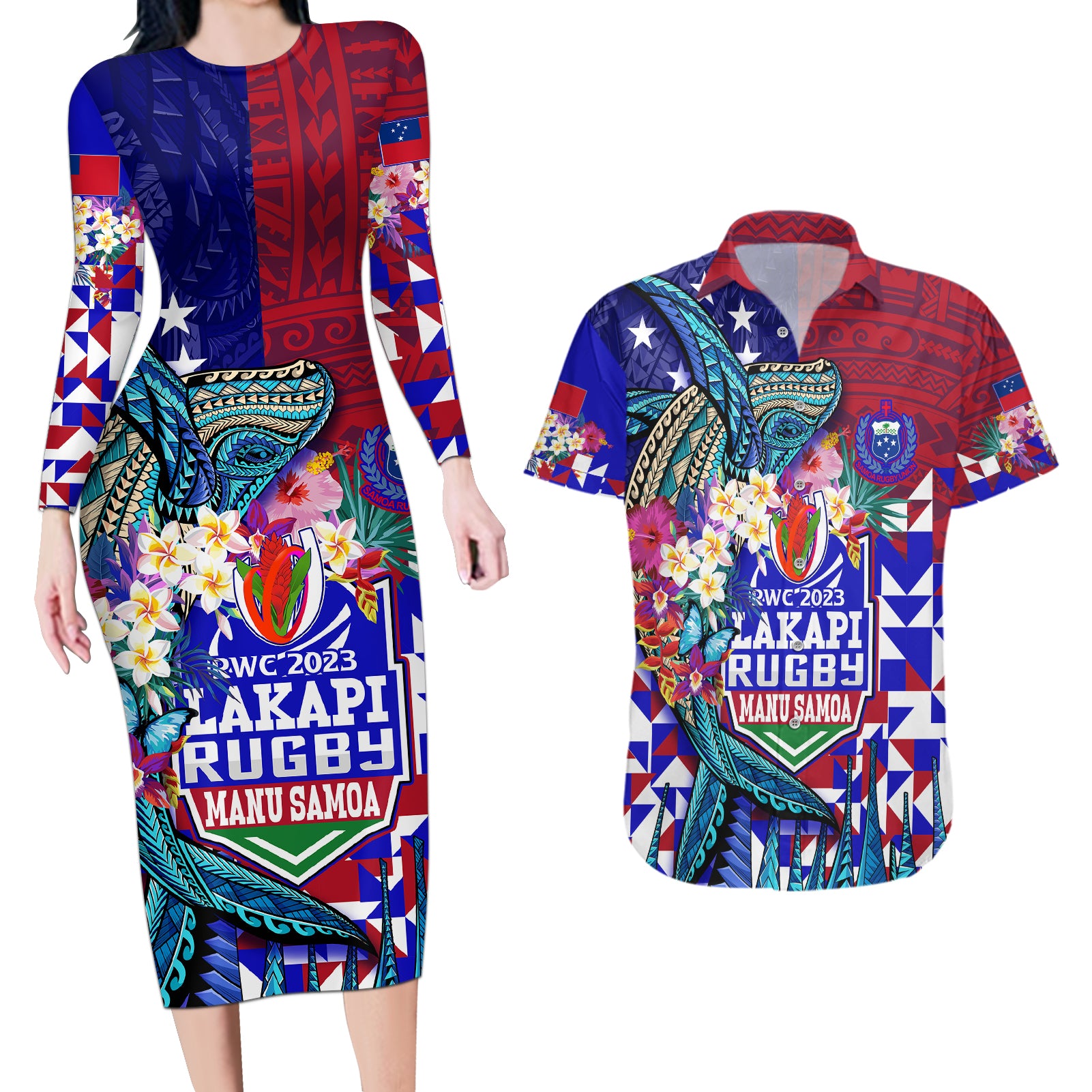 Manu Samoa Rugby 2023 Couples Matching Long Sleeve Bodycon Dress and Hawaiian Shirt Humpback Whale Hexagon Tribal Tropical Style - Wonder Print Shop