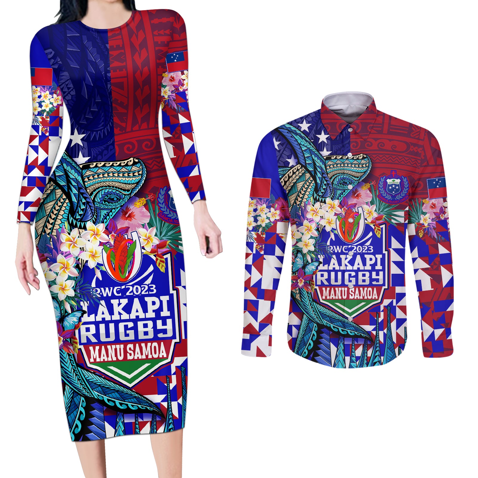 Manu Samoa Rugby 2023 Couples Matching Long Sleeve Bodycon Dress and Long Sleeve Button Shirts Humpback Whale Hexagon Tribal Tropical Style - Wonder Print Shop