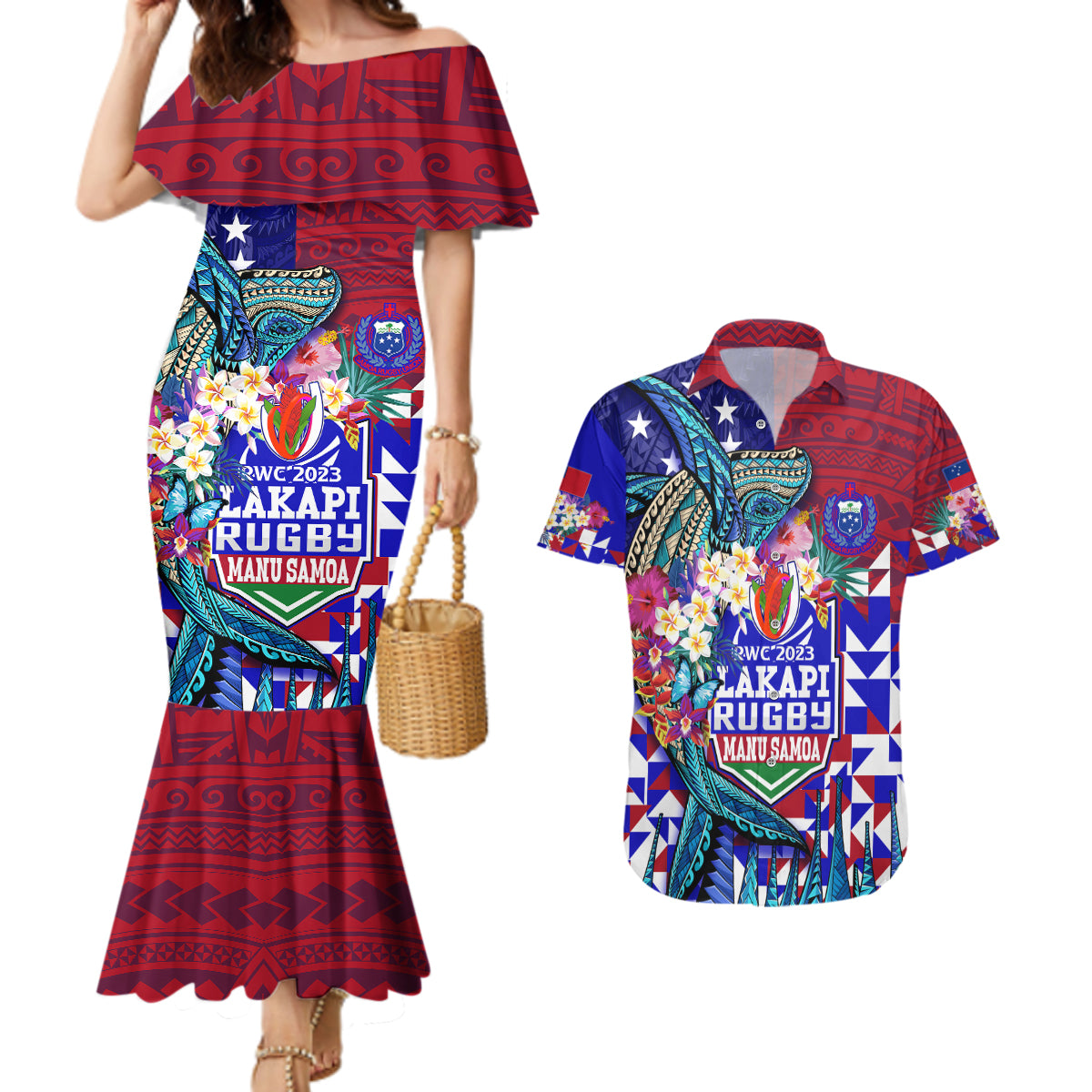 Manu Samoa Rugby 2023 Couples Matching Mermaid Dress and Hawaiian Shirt Humpback Whale Hexagon Tribal Tropical Style - Wonder Print Shop