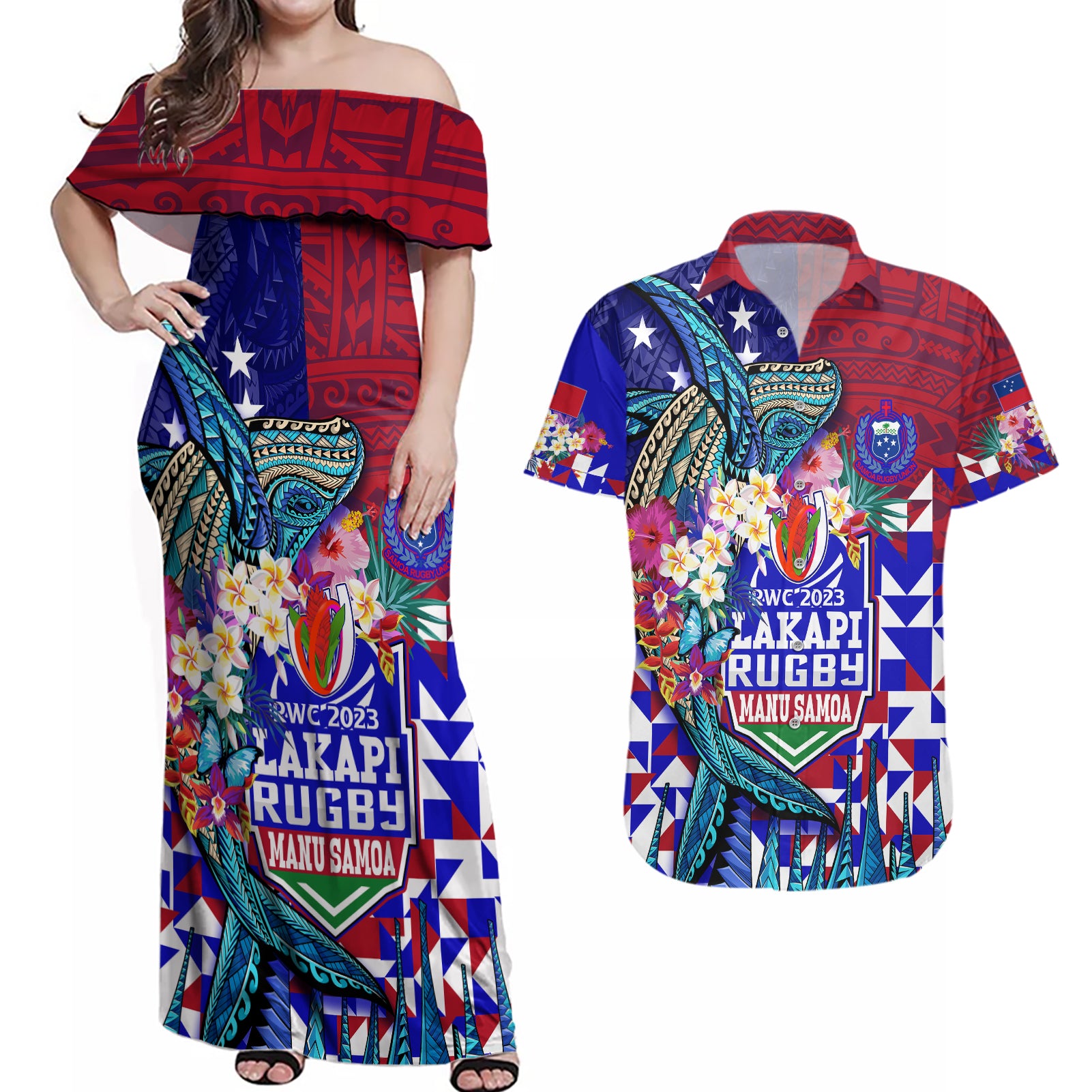 Manu Samoa Rugby 2023 Couples Matching Off Shoulder Maxi Dress and Hawaiian Shirt Humpback Whale Hexagon Tribal Tropical Style - Wonder Print Shop