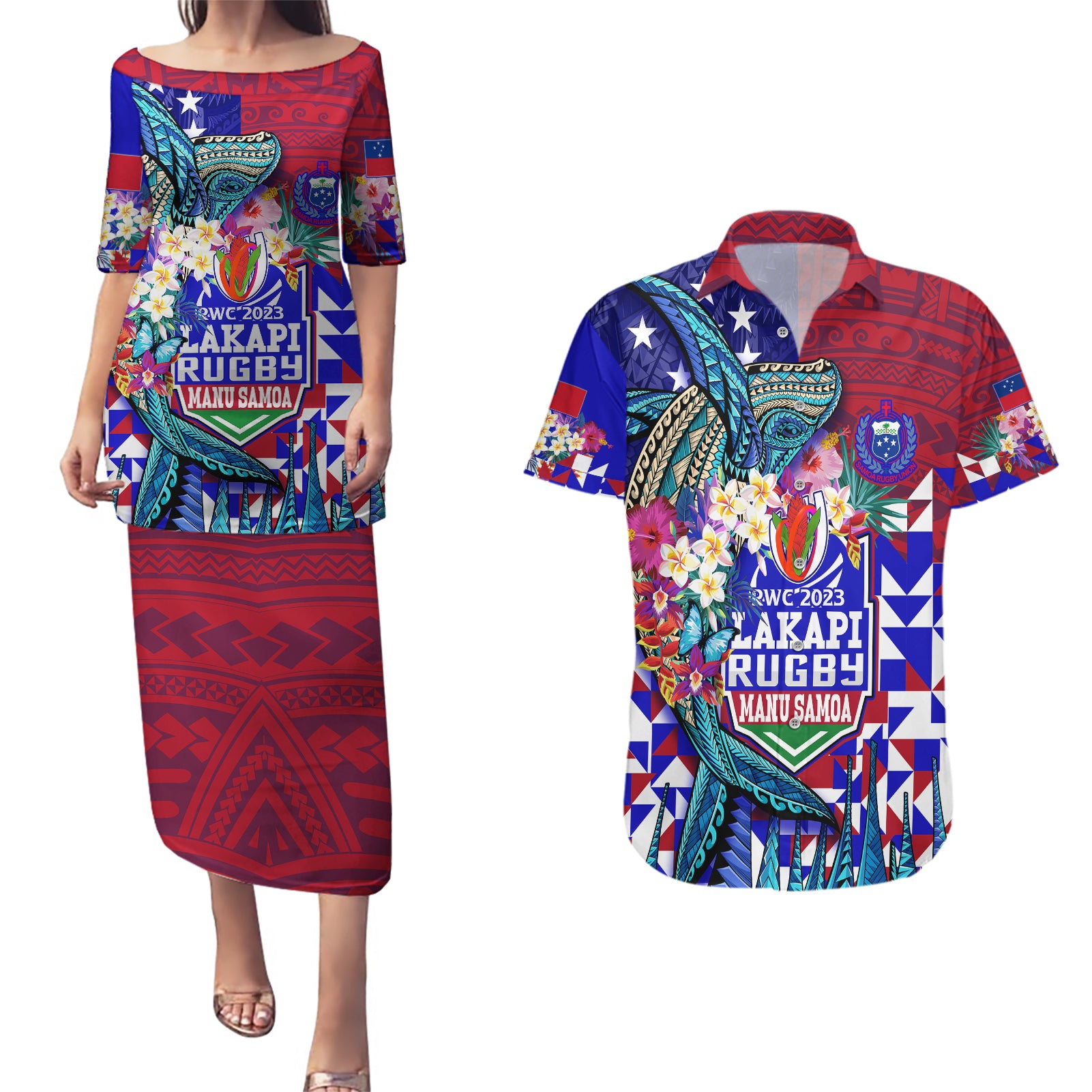 Manu Samoa Rugby 2023 Couples Matching Puletasi Dress and Hawaiian Shirt Humpback Whale Hexagon Tribal Tropical Style - Wonder Print Shop