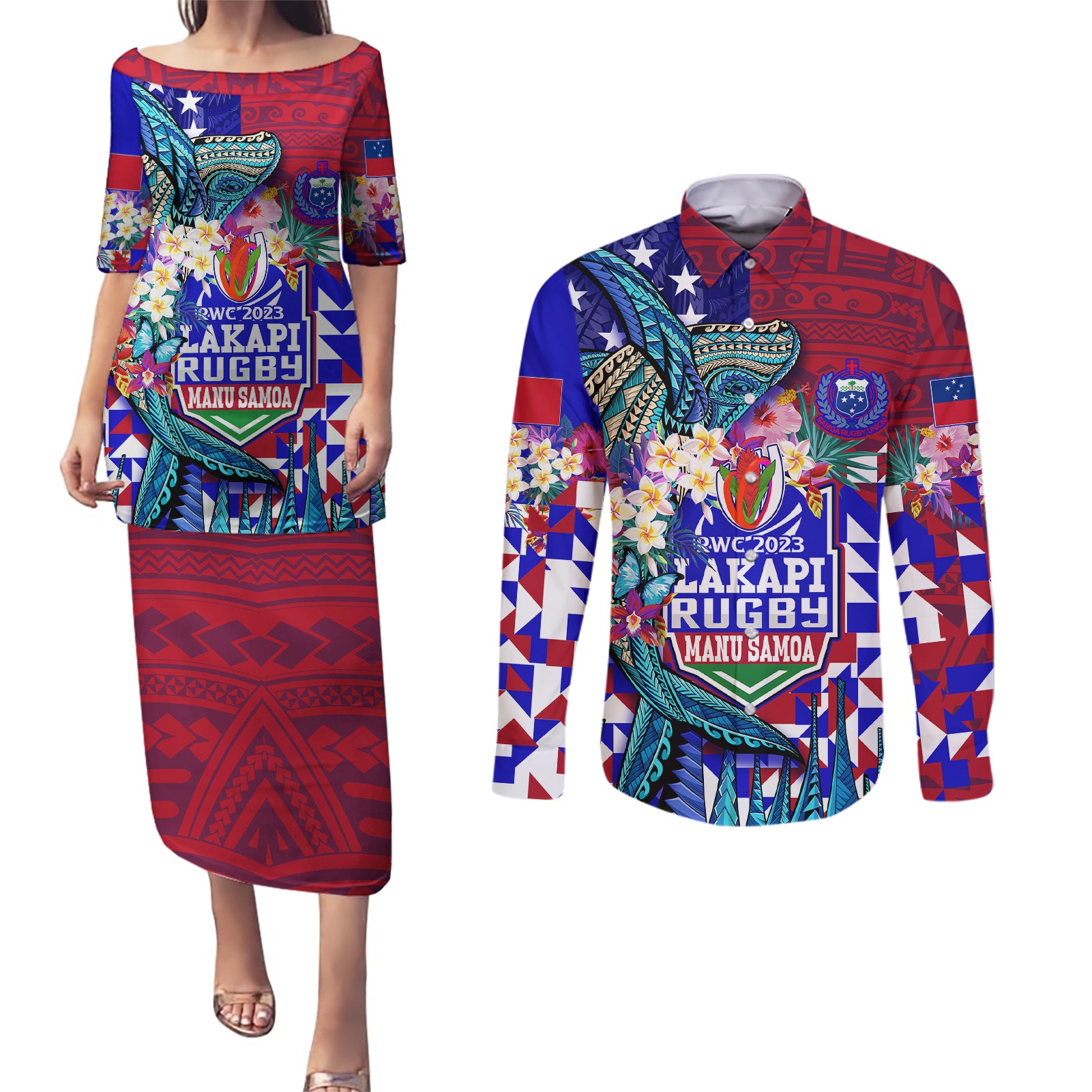 Manu Samoa Rugby 2023 Couples Matching Puletasi Dress and Long Sleeve Button Shirts Humpback Whale Hexagon Tribal Tropical Style - Wonder Print Shop