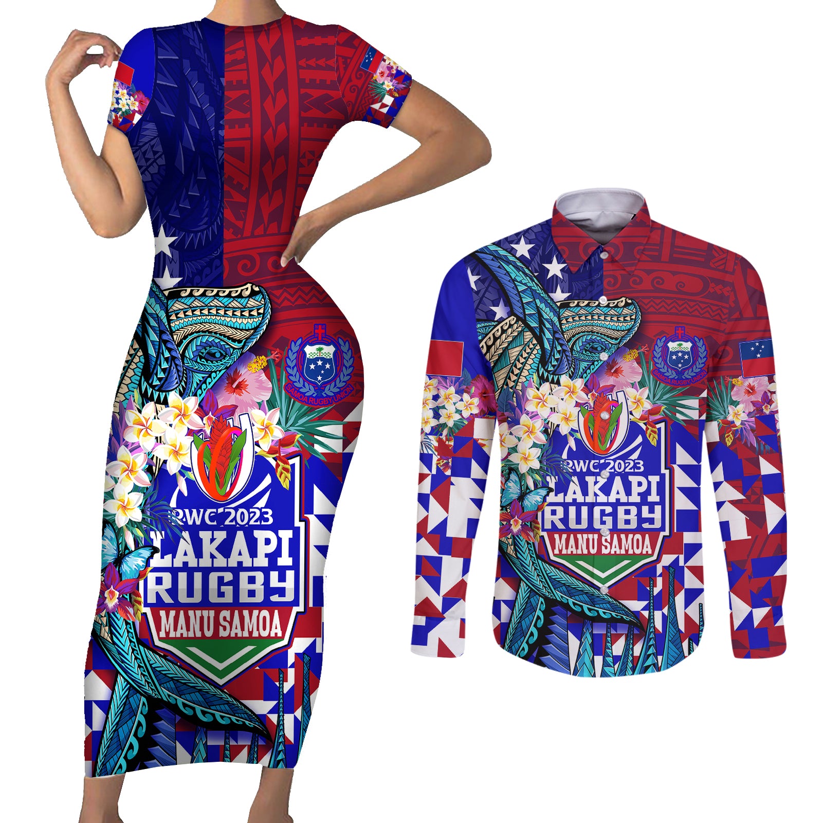 Manu Samoa Rugby 2023 Couples Matching Short Sleeve Bodycon Dress and Long Sleeve Button Shirts Humpback Whale Hexagon Tribal Tropical Style - Wonder Print Shop