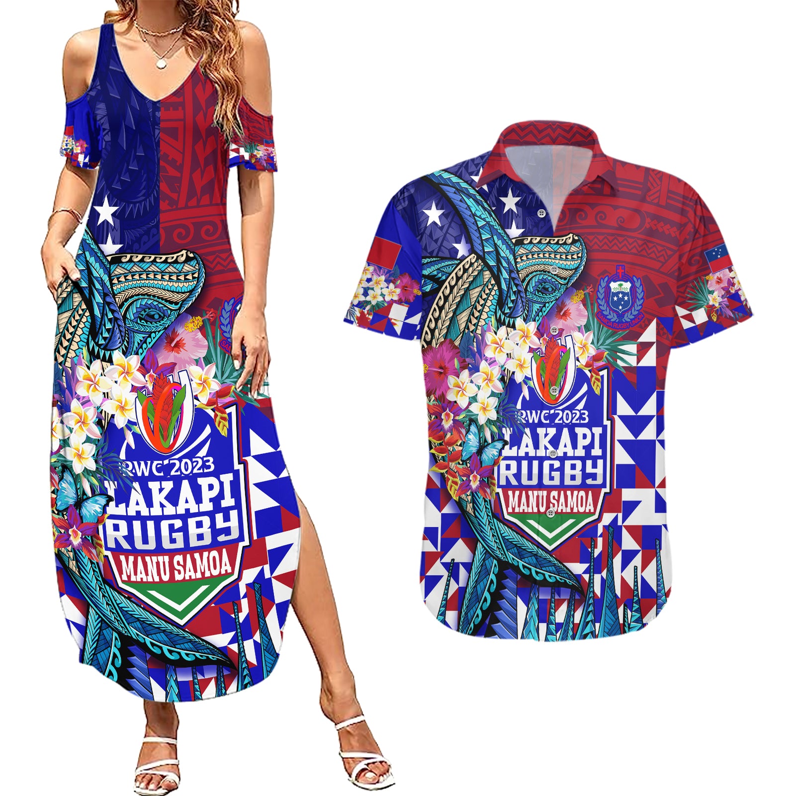 Manu Samoa Rugby 2023 Couples Matching Summer Maxi Dress and Hawaiian Shirt Humpback Whale Hexagon Tribal Tropical Style - Wonder Print Shop