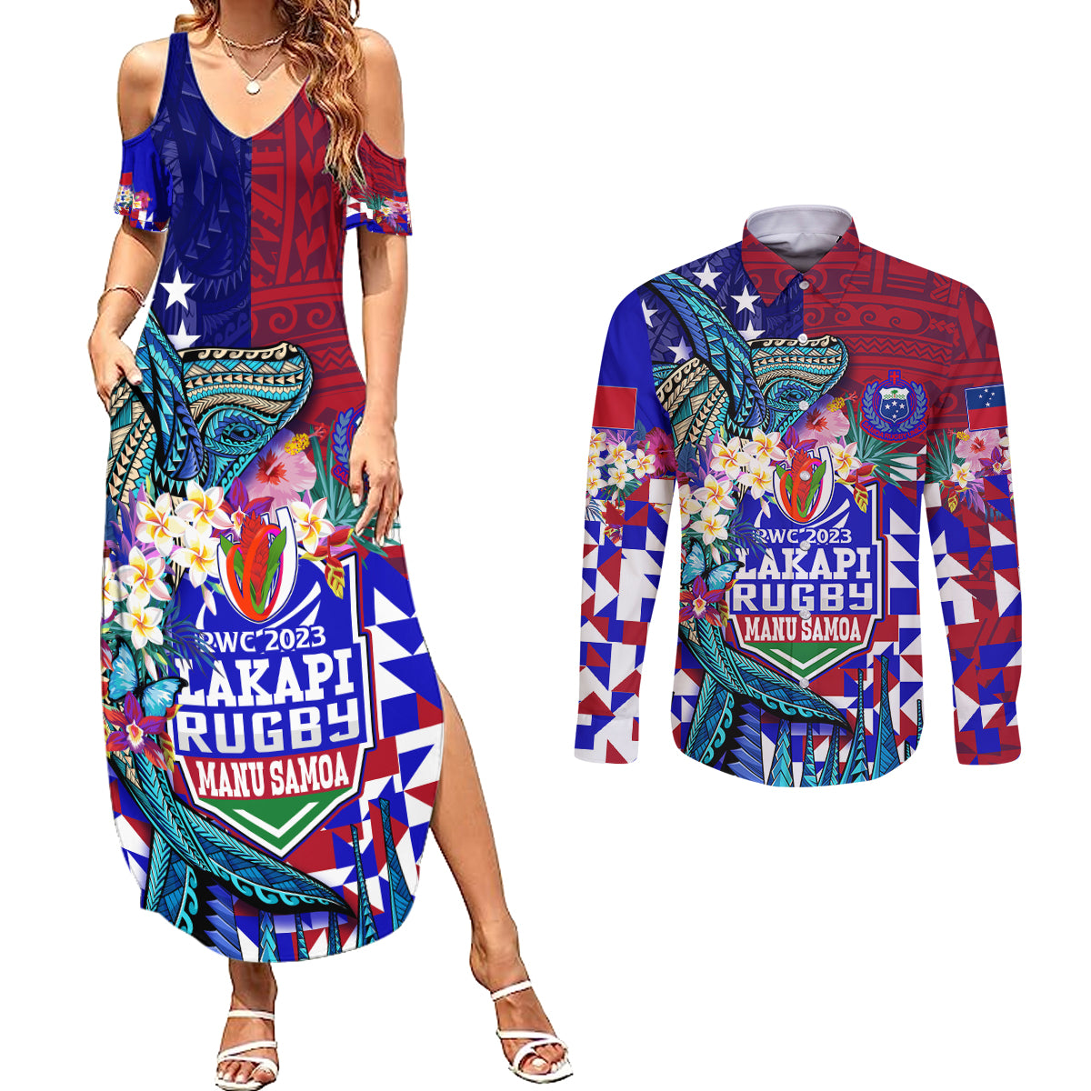 Manu Samoa Rugby 2023 Couples Matching Summer Maxi Dress and Long Sleeve Button Shirts Humpback Whale Hexagon Tribal Tropical Style - Wonder Print Shop