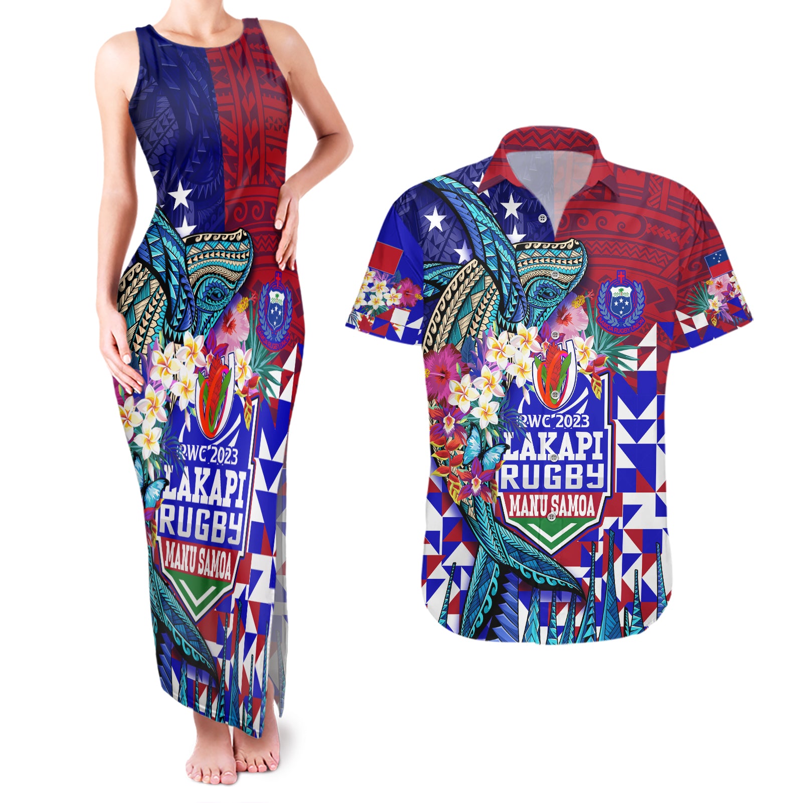 Manu Samoa Rugby 2023 Couples Matching Tank Maxi Dress and Hawaiian Shirt Humpback Whale Hexagon Tribal Tropical Style - Wonder Print Shop