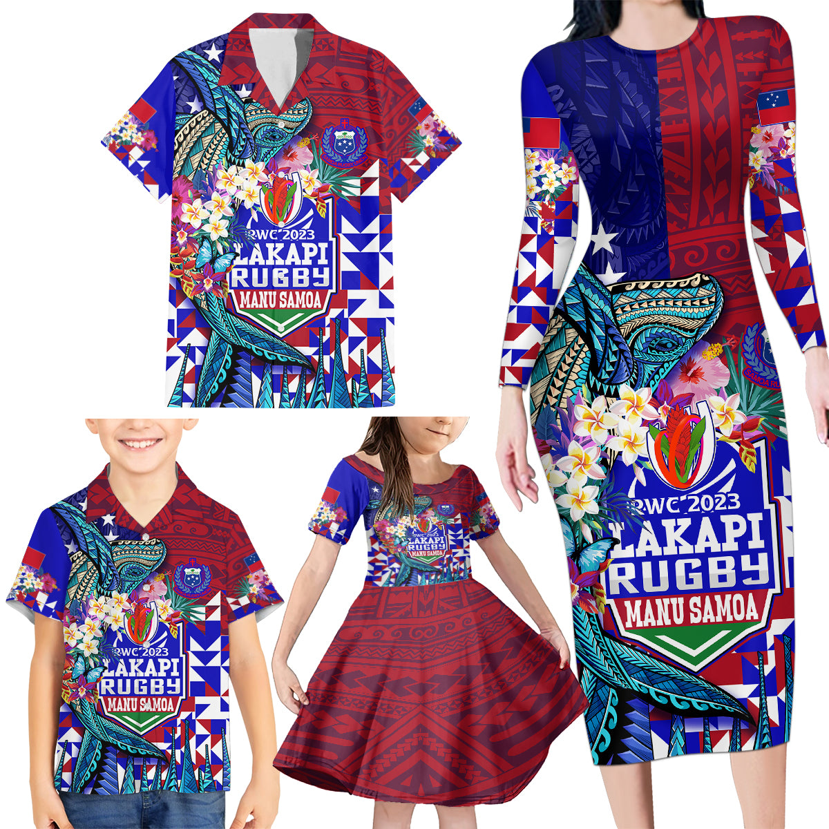 Manu Samoa Rugby 2023 Family Matching Long Sleeve Bodycon Dress and Hawaiian Shirt Humpback Whale Hexagon Tribal Tropical Style - Wonder Print Shop