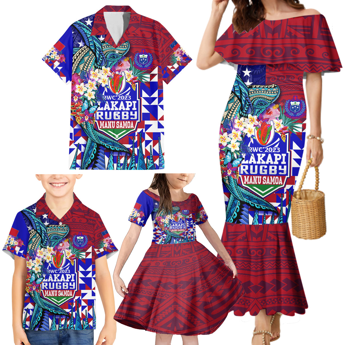 Manu Samoa Rugby 2023 Family Matching Mermaid Dress and Hawaiian Shirt Humpback Whale Hexagon Tribal Tropical Style - Wonder Print Shop