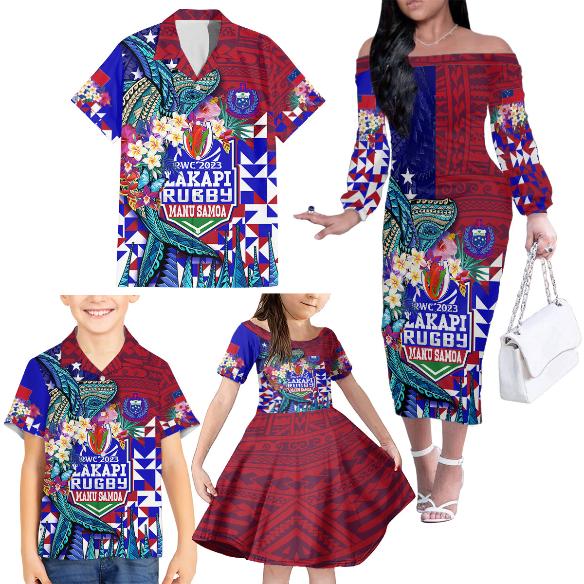 Manu Samoa Rugby 2023 Family Matching Off Shoulder Long Sleeve Dress and Hawaiian Shirt Humpback Whale Hexagon Tribal Tropical Style - Wonder Print Shop