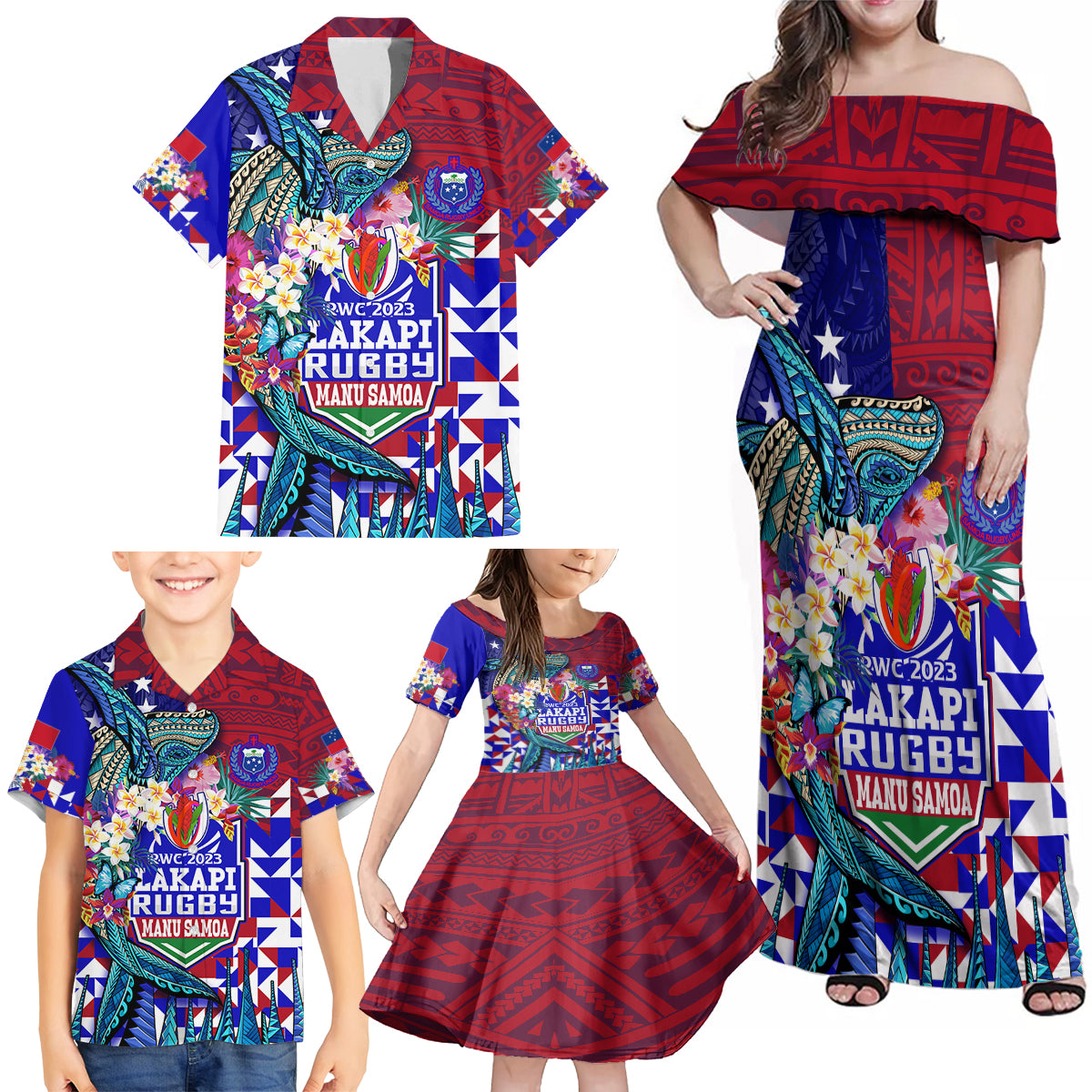 Manu Samoa Rugby 2023 Family Matching Off Shoulder Maxi Dress and Hawaiian Shirt Humpback Whale Hexagon Tribal Tropical Style - Wonder Print Shop