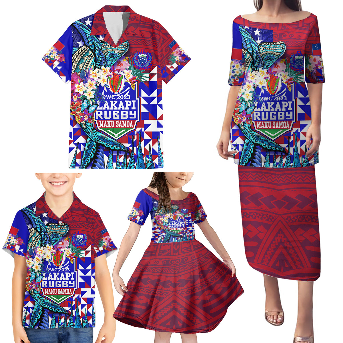 Manu Samoa Rugby 2023 Family Matching Puletasi Dress and Hawaiian Shirt Humpback Whale Hexagon Tribal Tropical Style - Wonder Print Shop