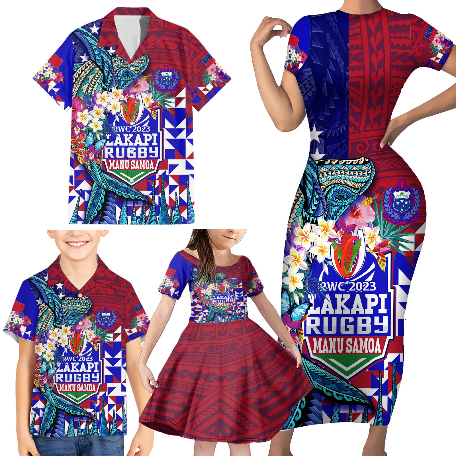 Manu Samoa Rugby 2023 Family Matching Short Sleeve Bodycon Dress and Hawaiian Shirt Humpback Whale Hexagon Tribal Tropical Style - Wonder Print Shop