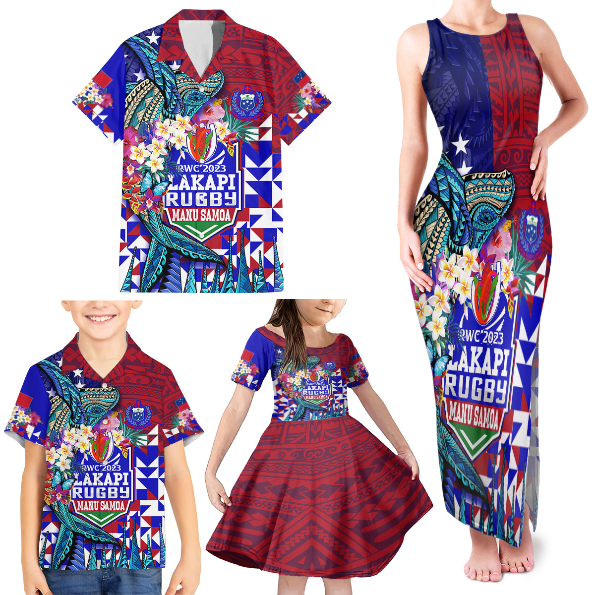 Manu Samoa Rugby 2023 Family Matching Tank Maxi Dress and Hawaiian Shirt Humpback Whale Hexagon Tribal Tropical Style - Wonder Print Shop